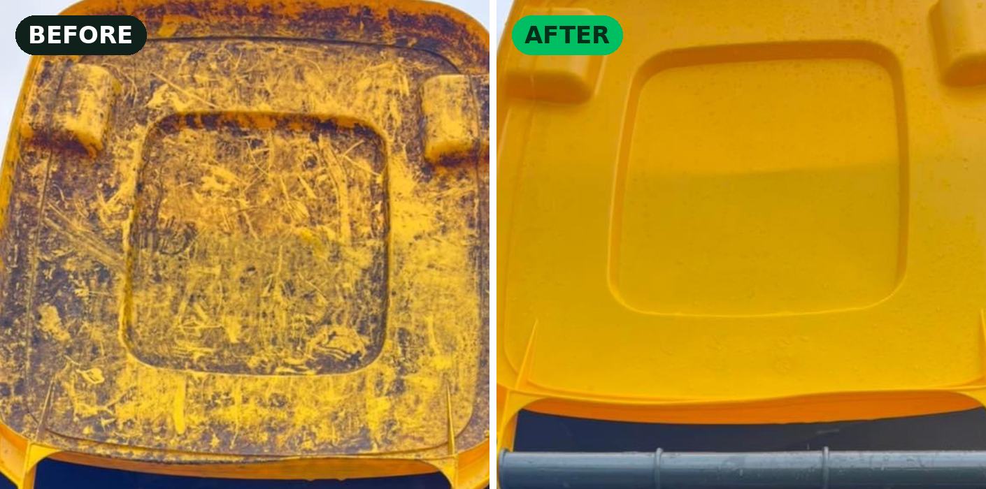 Yellow-lid wheelie bin lid before and after cleaning