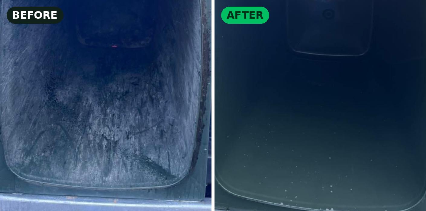 Yellow-lid wheelie bin interior before and after cleaning