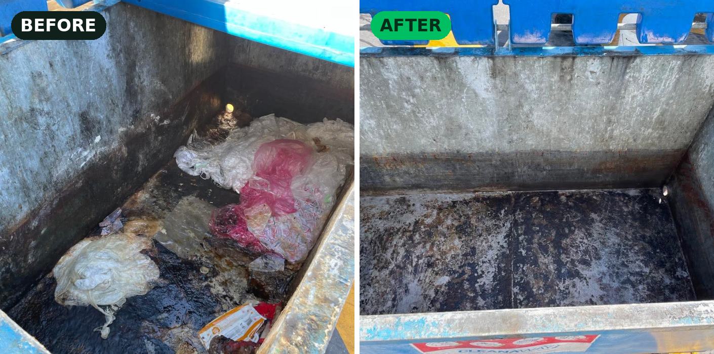 Commercial bulk bin interior before and after cleaning