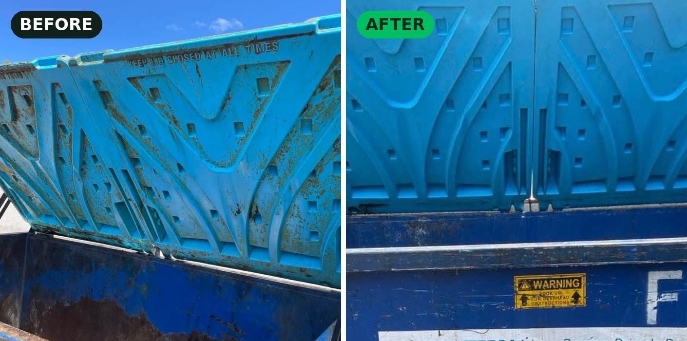 Commercial bulk bin lid before and after cleaning