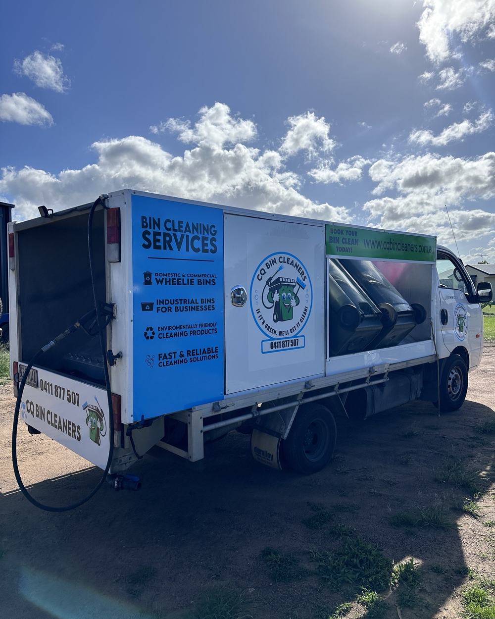 The CQ Bin Cleaners truck with its bin cleaning rig
